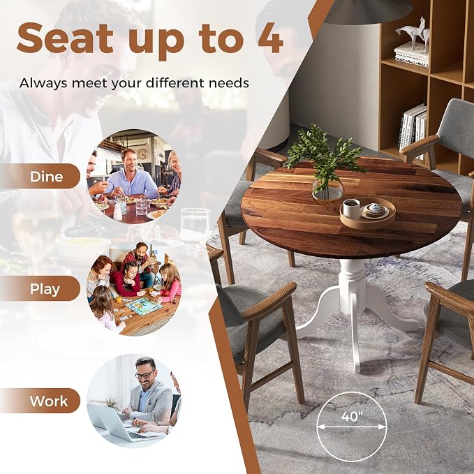 Giantex Round Dining Table, 39" D X 29" H, Rubber Wood Pedestal Table W/Round Tabletop & Curved Trestle Legs, 4-Person Dinner Table for Kitchen, Dining Room, Restaurant (Walnut & White)