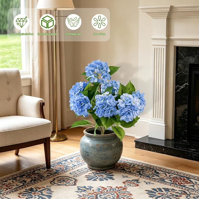 2 Pcs Artificial Hydrangea Tree 2ft Fake Potted Tree with Blue 3D Printed Petals, Realistic Faux Hydrangea Plant in Pot for Front Porch Entryway Indoor Outdoor Home Office Decor