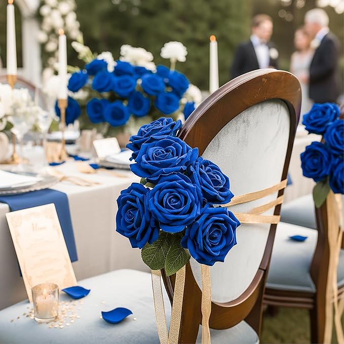 Auihiay 104PCS Blue Roses, Realistic Silk Velvet Blue Artificial Flowers, Lifelike Faux Roses for Bridal Bouquet, Home Decor, Valentine's Day, Wedding Centerpieces, Nautical Party