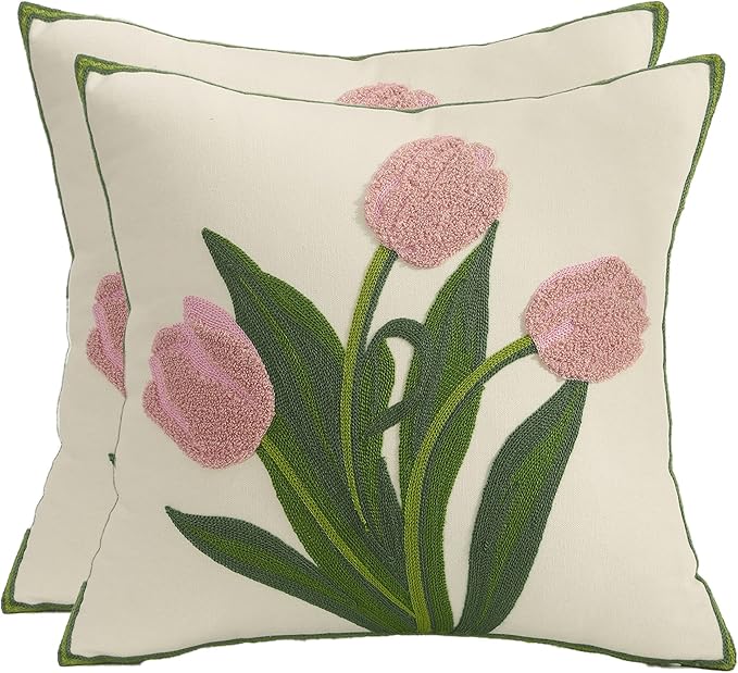 Spring Pillow Covers 18X18 Pack of 2 Pink Tulip Floral Embroidered Throw Pillow Covers Flower Tufted Pillowcases Farmhouse Decor Cushion Cover Square Summer Decoration Pillow Case