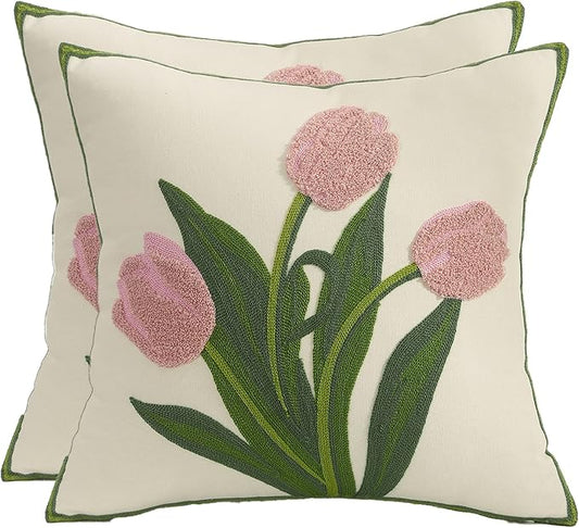 Spring Pillow Covers 18X18 Pack of 2 Pink Tulip Floral Embroidered Throw Pillow Covers Flower Tufted Pillowcases Farmhouse Decor Cushion Cover Square Summer Decoration Pillow Case