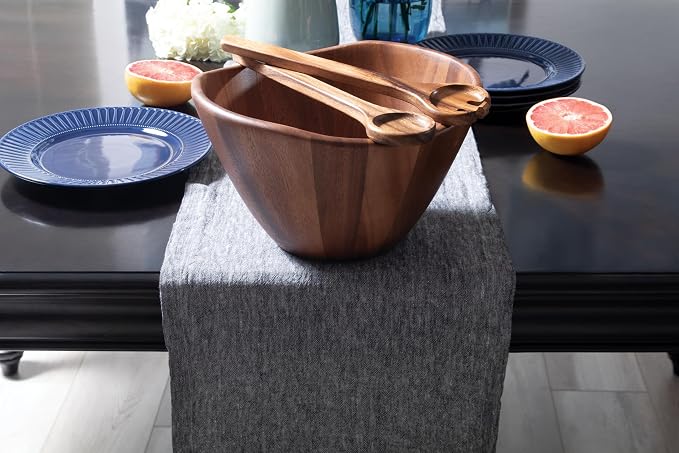Lipper International Acacia Large Wave Bowl with Servers, 162.31 fl.oz.,Brown