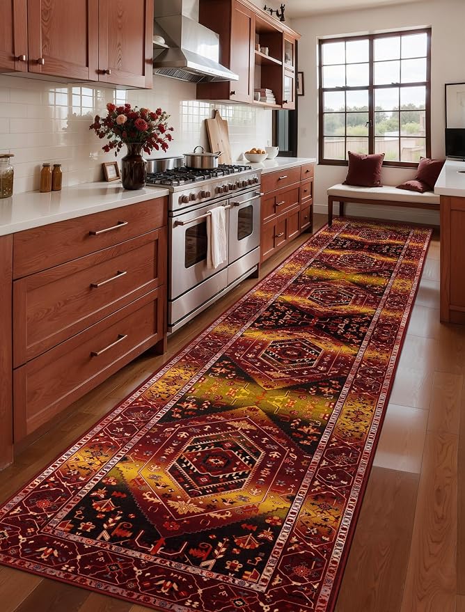 SERISSA Runner Rug for Hallways, 2'6"x14' Washable Non Slip Runner Rug, Extra Long Boho Rug Ultra Soft Vintage Rustic Red Gold Print Floor Carpet for Bedroom Hallway Entryway Bathroom Laundry Room