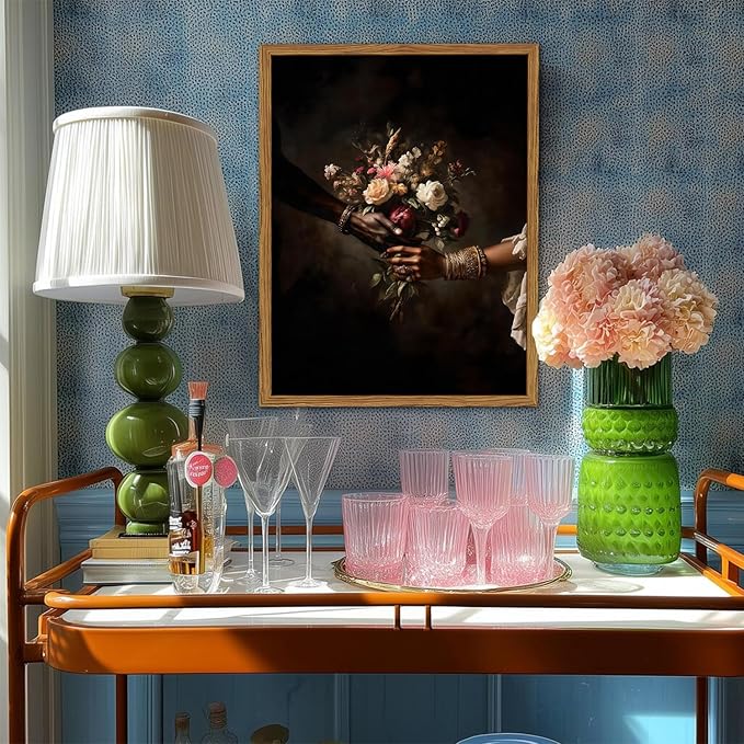 Framed Black Love Floral Wall Art, African American Couple Canvas Wall Decor Prints, Dark Romantic Holding Flowers Paintings Pictures Moody Home Decor Aesthetic for Living Room Bedroom 16x24 inch