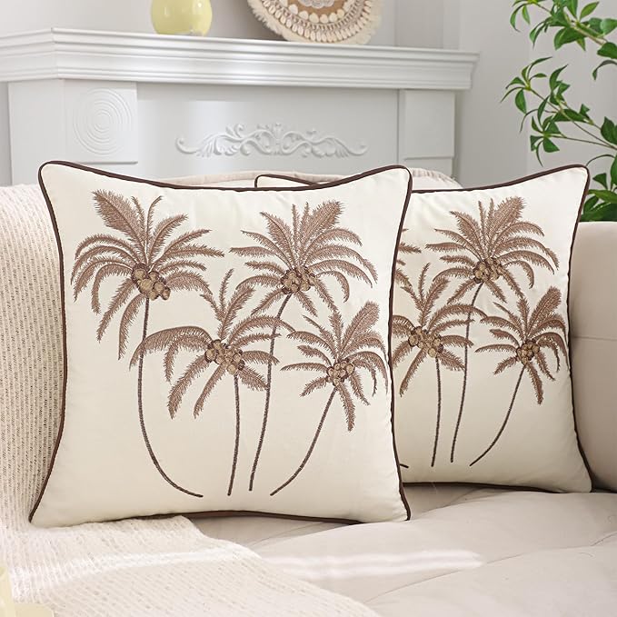 Coconut Tree Pillow Covers 18x18 inch Set of 2 Embroidery Throw Pillow Covers Farmhouse Pillow Cushion Case Spring Summer Decorative Farm Pillowcases Square Rustic Pillow Case, Brown