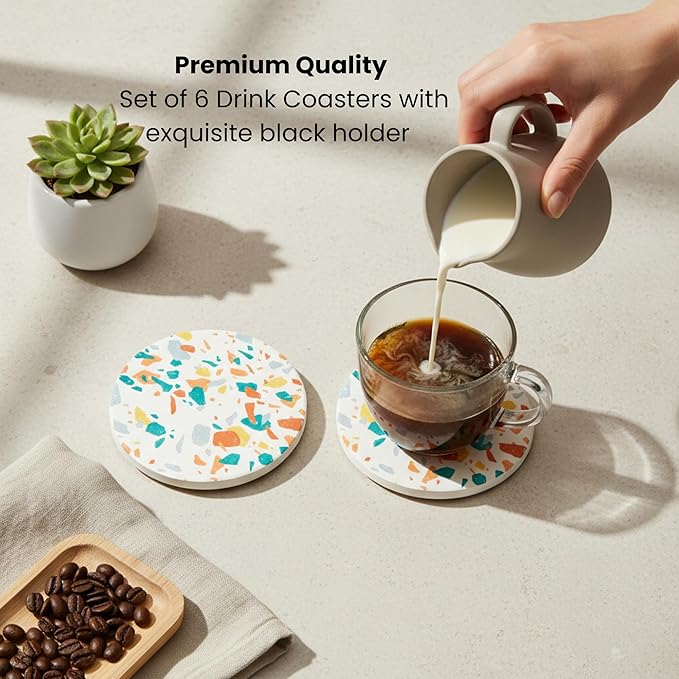 Absorbent Coaster Set of 6 with Holder, Drink Coasters for Coffee Table, Kitchen, Home Decor, Cute Ceramic Round Coasters, Alternative to Silicone, Cork or Glass Coaster (Splash)