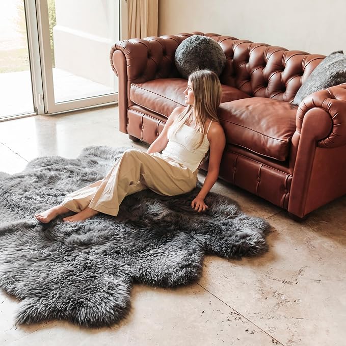 Premium 100% Genuine Sheepskin Rug 5x6 Ft – Natural Soft & Fluffy Grey Lambskin Area Rug for Bedroom or Living Room – Made in Argentina