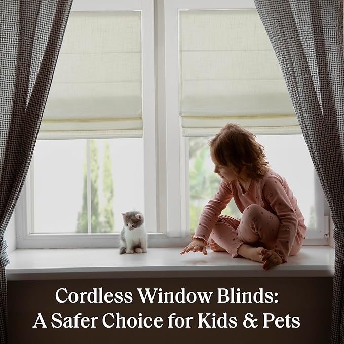 Madison Park Kyler Cordless Roman Shades - Single Panel, Lightweight Linen Blend Fabric, Natural Design, Easy Installation, Light Filtering Window Blind, Bedroom, Living Room Decor 35"W x 64"H Ivory