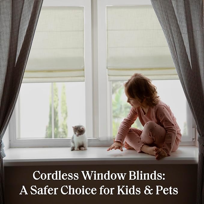 Madison Park Kyler Cordless Roman Shades - Single Panel, Lightweight Linen Blend Fabric, Natural Design, Easy Installation, Light Filtering Window Blind, Bedroom, Living Room Decor 34"W x 64"L Ivory