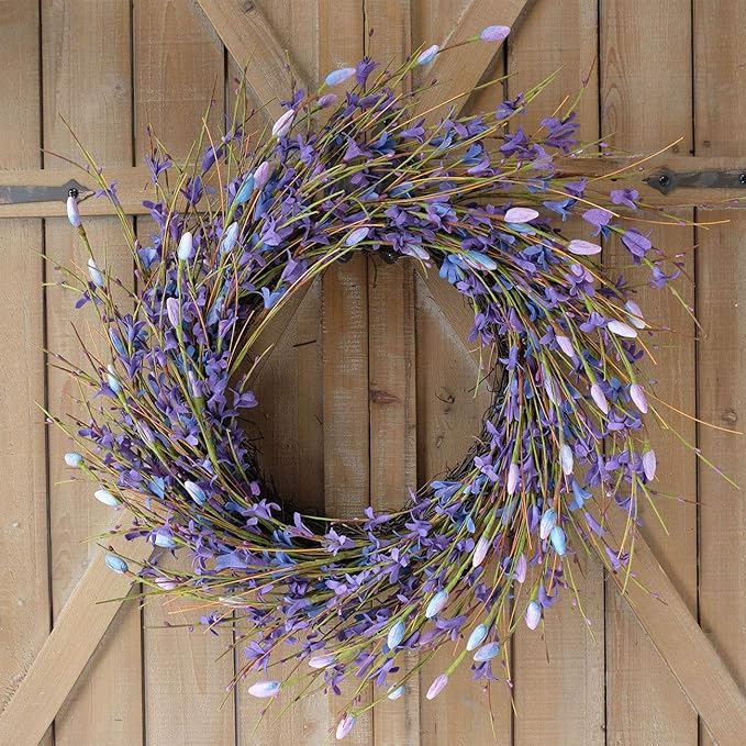 Bibelot 18inch Artificial Forsythia Flower Wreath, All Year Around Wreath for Front Door, Wedding Window Home Wall Indoor Front Door Decor (Purple, 18in)