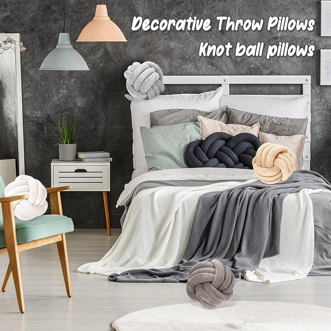 Yerliker 4 Pcs Knot Pillow Ball, 8.7 Inches Soft Home Decorative Round Throw Pillow Handmade Knotted Plush Accent Cushion Gifts for Nursery Decor Home Bed Sofa Bedroom Decoration
