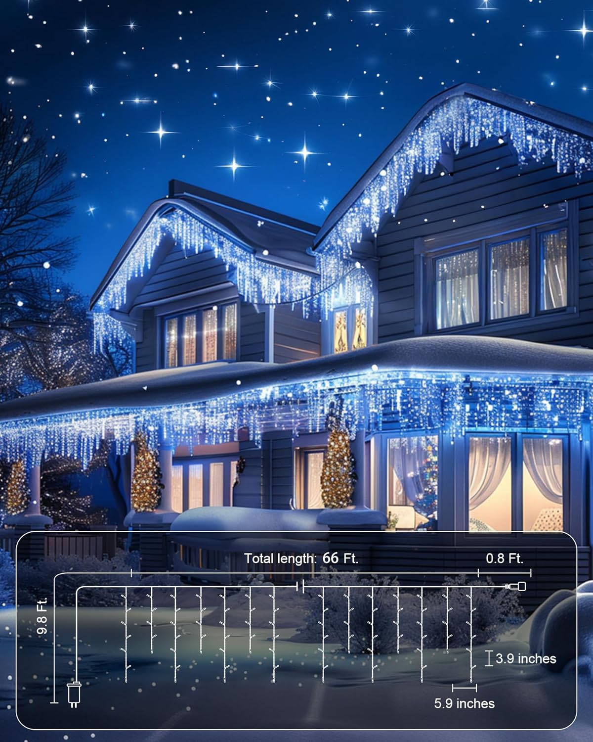 Brightown Icicle Lights Outdoor, 20Ft Christmas Lights with 30 Drops, 1125 LED Firecracker Icicle Christmas Light Outdoor with Timer for House Eaves Wedding, Blue and White
