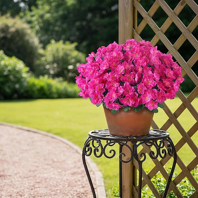 16 Bundles Artificial Flowers for Front Door, Fake Silk Azalea Bouquet Silk Flowers for Outside UV Resistant Realistic Faux Plants for Planter Farmhouse Patio Garden Walkways Home Decor (Rose Red)