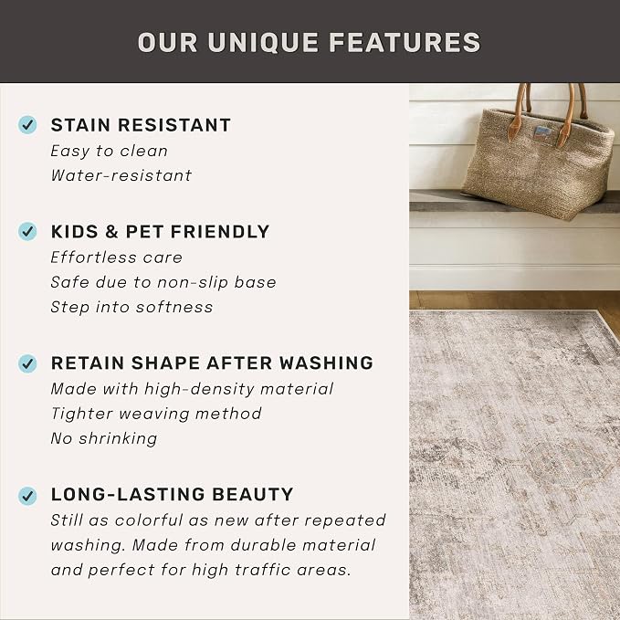 Hazo Haus Neutral Living Room Rug - 10x14 Farmhouse Beige Brown Large Area Rug for Dining Room, Bedroom, Low Pile Lightweight Washable