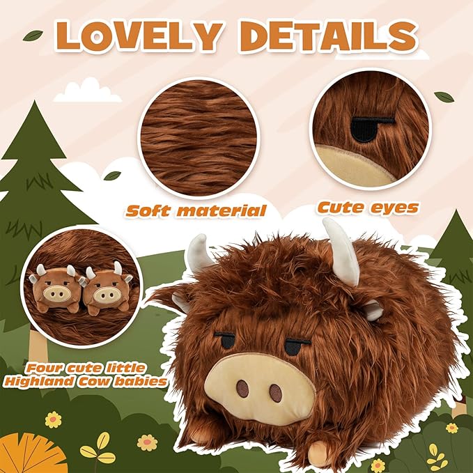 Highland Cow Stuffed Animal, Highland Cow Mommy Plush Set with 4 Baby Calves, Soft Stuffed Toy Pillow, Cute Birthday for Kids Boys Girls