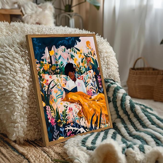 Framed Black Woman Reading Wall Art, Boho Black Girl Colorful Floral Paintings Wall Decor, African American Pictures Canvas Prints Aesthetic Home Decor for Living Room Bedroom Dorm 12x16 inch