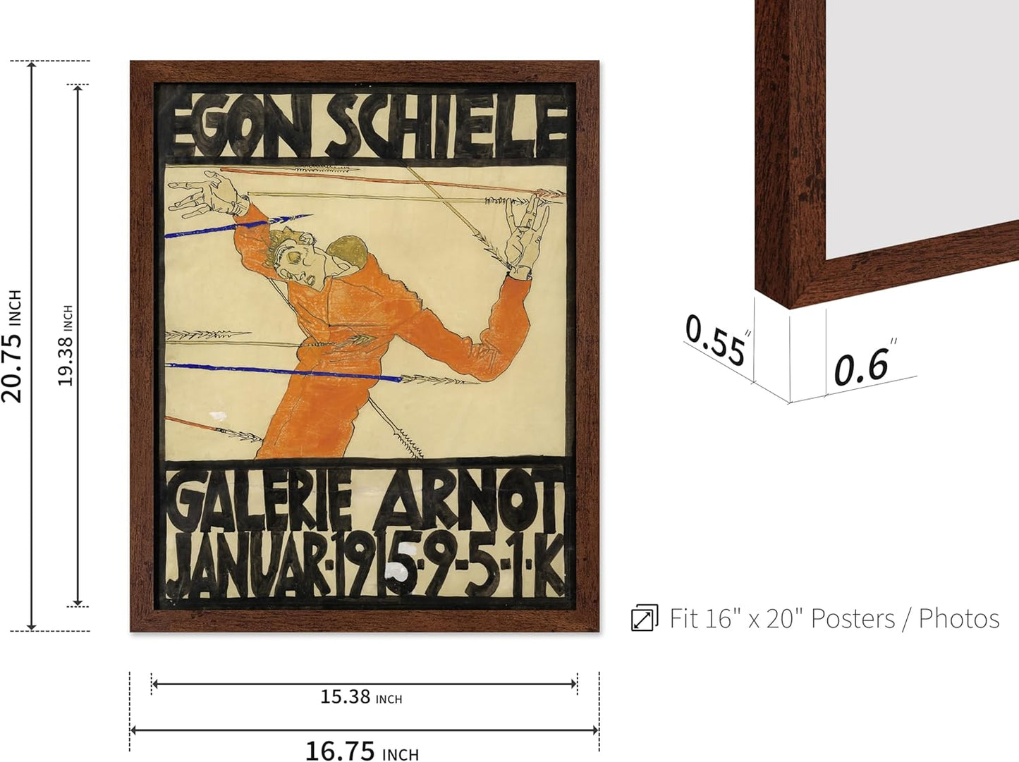 Poster Master Vintage Painting Poster - Retro Expressionism Print - Self Portrait as the Martyred St Sebastian - Gift for Artist, Friend - Wall Decor for Home, Office, 16x20 Brown Framed