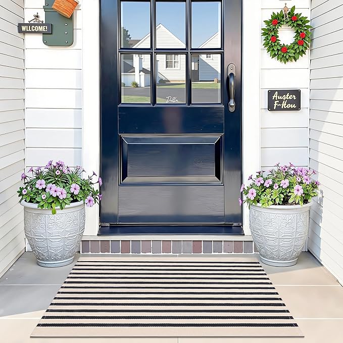 OLANLY Beige and Black Striped Rug 2' x 3' (24" x 36") – Washable Cotton Doormat for Indoor Outdoor Use, Layered Front Porch Rug for Entryway, Kitchen, Patio