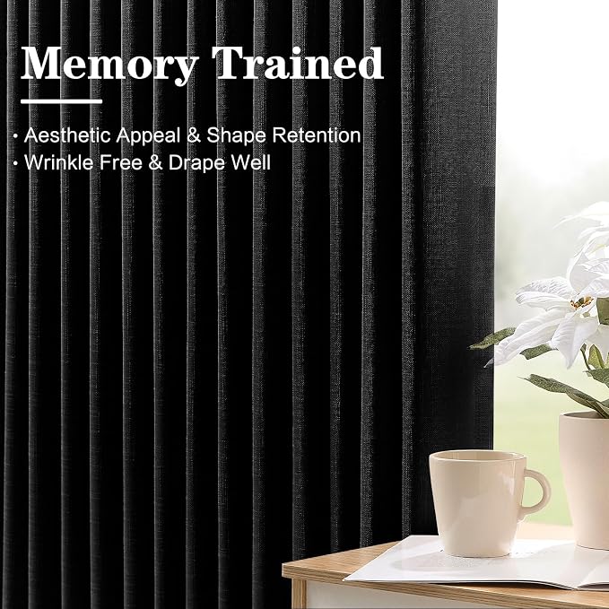 Black Linen Pinch Pleated Curtains 84 Inches Long for Living Room, Light Filtering Pleat Drapes Textured Thick Memory Trained Semi-Sheer Window Curtain with Hooks for Bedroom Dining Room, 2 Panels