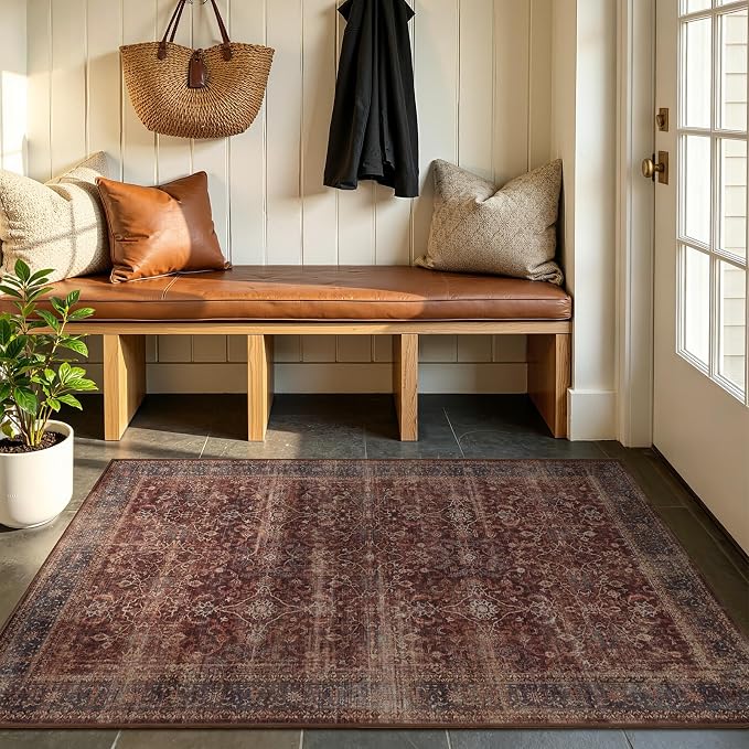Brick Red Small Area Rugs 3x4, Vintage Farmhouse Earth Tone Throw Rugs for Kitchen Bathroom Bedroom, Washable Non Slip Ultra Thin Print Front Back Indoor Door Mats for Entrance Entryway Foyer
