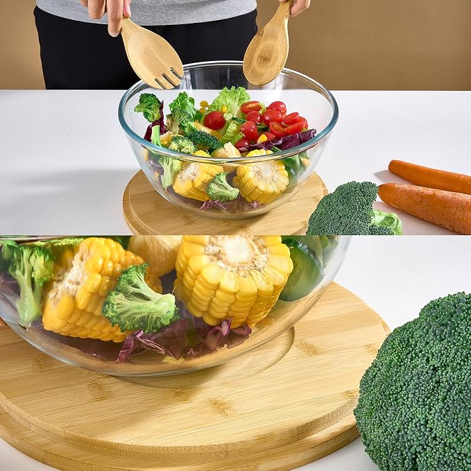 JOYMAY Glass Salad Bowl, 10.7inch Salad Bowl with Lid Thick Glass Mixing Bowls Serving Bowls, 4.7 Quart Large Salad Bowls with Bamboo Utensils, Trifle Bowl Fruit Bowl for Salad, Pasta, Microwave Safe