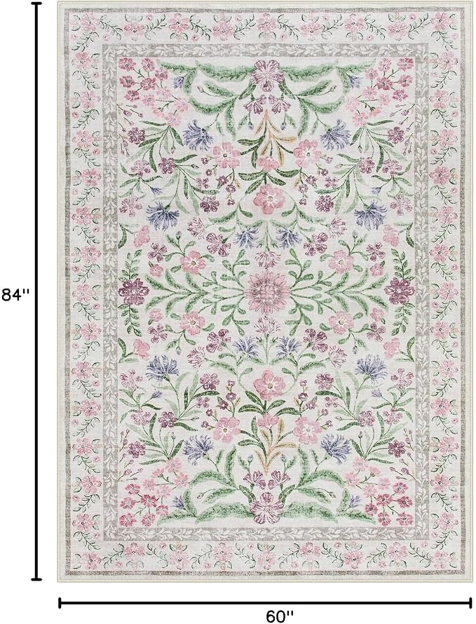Wonnitar Floral Purple Rug for Bedroom, Washable 5x7 Area Rugs for Dorm, Boho Soft Non Slip Ultra-Thin Indoor Floor Carpet for Kids Room Nursery Living Room Classroom, Light Purple/Pink