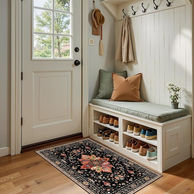 RELEANY Area Rugs 2'x4' Kitchen Rugs Entry Rug Small Rugs for Entryway Kitchen Bathroom Door Mat Indoor Entrance,Washable Non Slip, Black Colorful Floral Dark Tan
