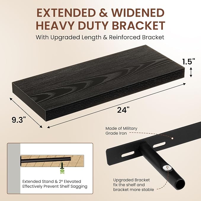 Dreamland 24 Inches Floating Shelves for Wall,9.3" Deep Long Floating Shelves Set of 2,Large Display & Storage Shelf,Wall Shelf for Bathroom Bedroom Living Room Kitchen Office,Black