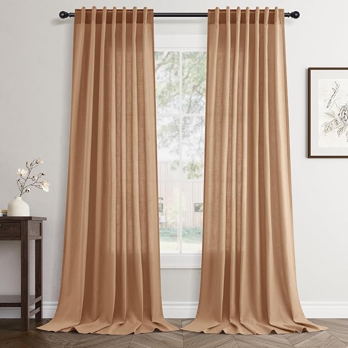Jowels Camel Linen Curtains 84 Inch Long 2 Panels for Living Room | Light Filtering Semi Sheer Curtain, Back Tab Pocket Pleated Look, Boho Farmhouse Textured Privacy Drapes for Bedroom Window