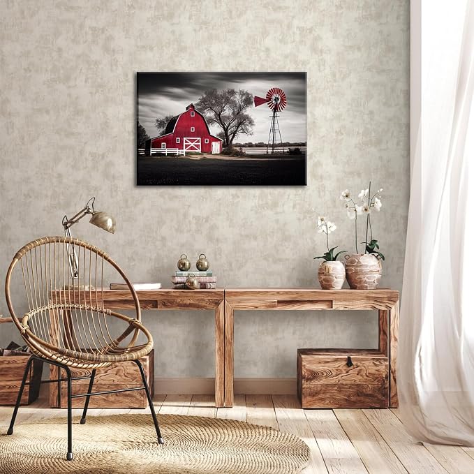 Black and White Barn Canvas Wall Art Farmhouse Nature Landscape Windmills Picture for Living Room Decoration Country Farm Red Barn Framed Painting Rustic Print Artwork Bedroom Modern Home Decor 20x30