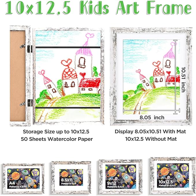 KINLINK 10x12.5 Kids Art Frame Set of 2, Solid Wood Kids Artwork Frames Changeable with Front Opening Hold 150 Pictures, Art Frames for Kids Art with Mat，without Mat 10x12.5 Picture Frame Rustic White
