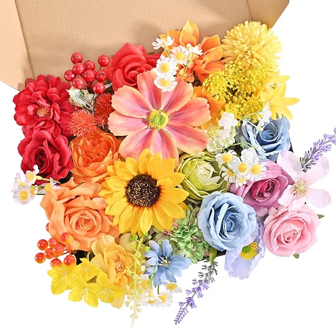 Artificial Flowers Combo Box, 31PCS Fake Flowers, Silk Flower Mix with Wire Stem, DIY Wedding Bridal Bouquet for Arrangement, Shower Party Home Décor, Warm Rainbow