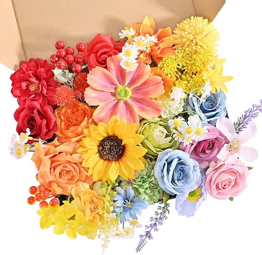 Artificial Flowers Combo Box, 31PCS Fake Flowers, Silk Flower Mix with Wire Stem, DIY Wedding Bridal Bouquet for Arrangement, Shower Party Home Décor, Warm Rainbow