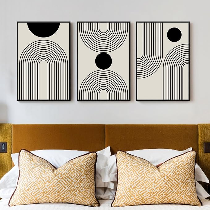 SAFERRYHOME Boho Abstract Wall Art, 3 Pieces Mid Century Modern Framed Canvas Wall Decor Neutral Beige Black Art Painting Print, Geometric Line Artwork Picture for Living Room Bedroom Office, 16"x24"