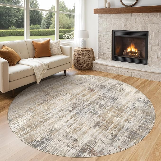 UERMEI 6ft Round Area Rug for Living Room: 6x6 Washable Neutral Abstract Modern Soft Circle Rugs Non Slip Indoor Floor Stain Resistant Carpet for Bedroom Dining Room Office Nursery Golden Brown
