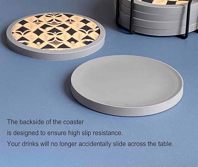 Absorbent Coasters for Drinks with Holder - 6packs, Silicone Coaster with Soft Felt Insert (4.3 inch Coasters with 4.5 inch Holder, Dual-Sided Ears of Wheat Artistry)