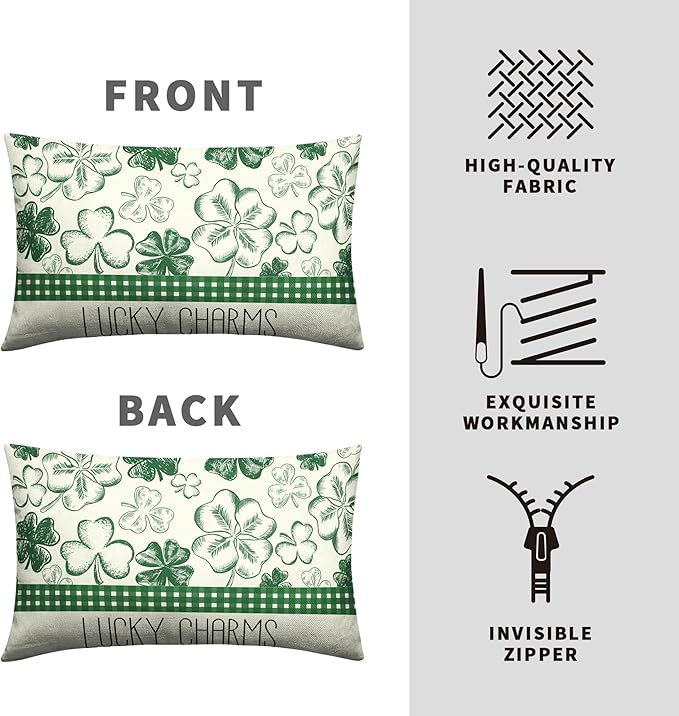 Green Lucky Charm Lumbar Pillow Covers 12x20 Set of 2 Hello Shamrocks St Patricks Day Throw Pillow Covers Clover Hat Cotton Linen Cushion Case for March Holiday Home Outdoor Decor Sofa