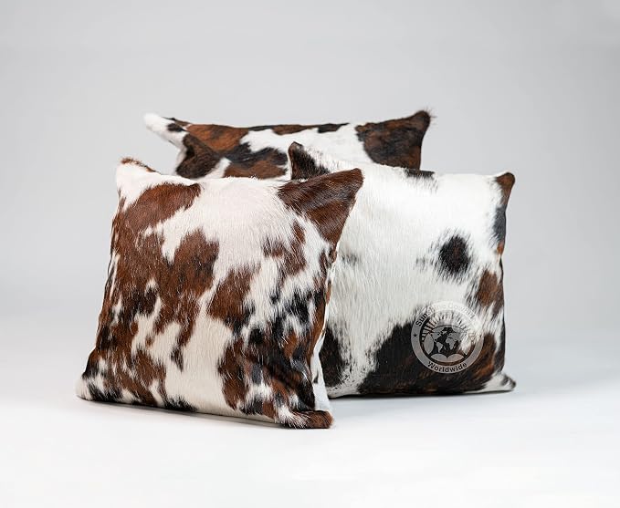 Sunshine Cowhides 100% Genuine Cowhide Pillow Cover - 15" x 15" Square Tricolor Decorative Cow Print Pillows w/Zipper Closure for Couch or Bed Decor (Pillow Filler Not Included) - 1 Piece