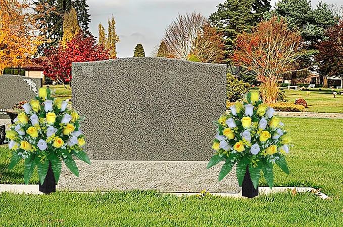 LVXINLI Artificial Cemetery Flowers, Gravesite Decoration Roses, Memorial Bouquets with Cemetery Vase, Vibrant and Long-Lasting Colors (Yellow+White, 2 Bundles)