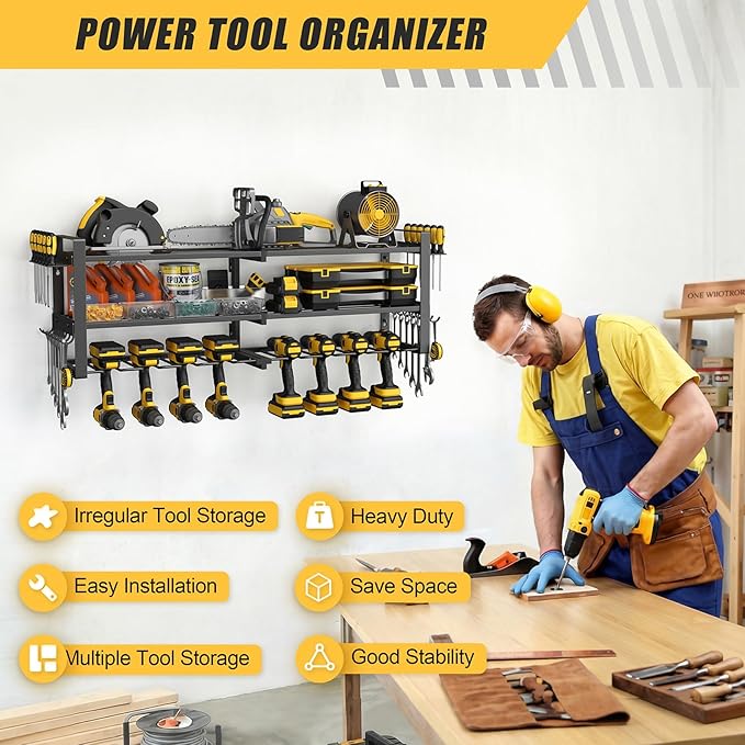 Jusgym Power Tool Organizer Wall Mount |350lbs Garage Storage Rack with 6 Cordless Drill Holder |3-Tier 32''W Heavy Duty Tool Storage Rack for Garage Organization |Gift for Men
