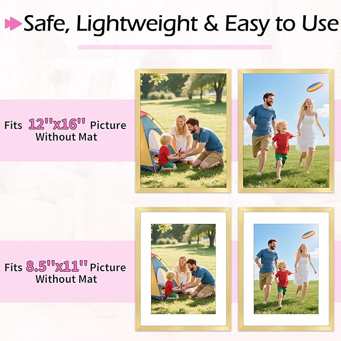 12x16 Picture Frame, 12 x 16 Gold Frame with HD Plexiglass, Display Pictures 8.5x11 with Mat or 12x16 Without, Wall Hanging Photo Frame Poster Frames for Home Office Gallery Decor, 2 Pack