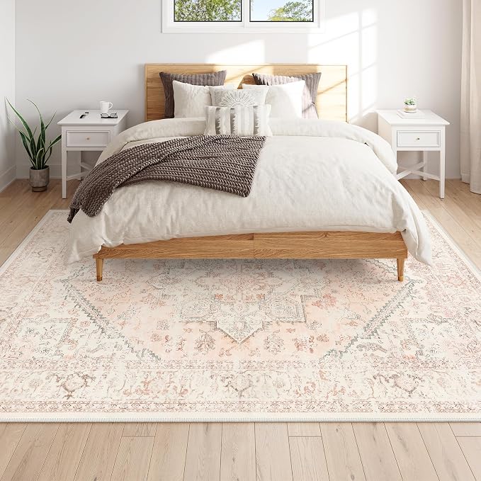 LIVEBOX Pink Area Rug 8x10 - Large Oriental Floral Living Room Rugs Accent Rug for Bedroom, Non-Slip Retro Medallion Carpet Print Distressed Rugs for Dining Room Office (Pink/Peach)
