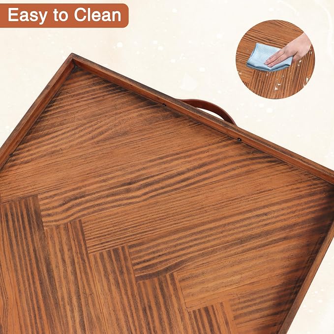 SXNOWS Wooden Serving Tray with Leather Handles, 24x24 in | Large Square Wood Tray,Perfect for Ottoman Coffee Table Living Room and Kitchen, Rustic Gift for Home Decor