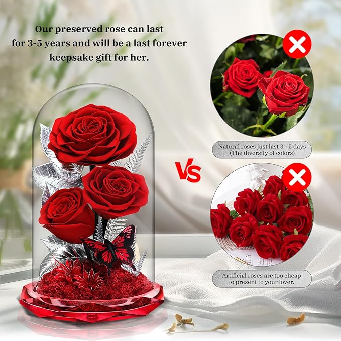Forever Roses in Glass Dome - Preserved Flowers,Birthday for Her Women Valentine's Day, Mother's Day, Anniversary A-Grade Red Roses, Home Decor for Girlfriend,Wife, Mom (Red)