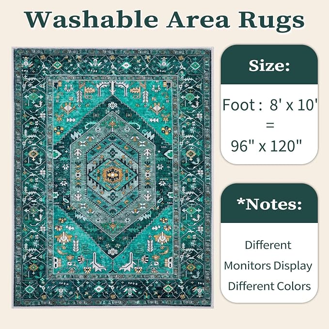 SERISSA Washable 8x10 Area Rugs Teal, Large Non-Slip Boho Living Room Rug, Ultra Soft Print Distressed Vintage Oriental Tribal Farmhouse Carpet for Dining Room Bedroom Dorm Office Home Decor
