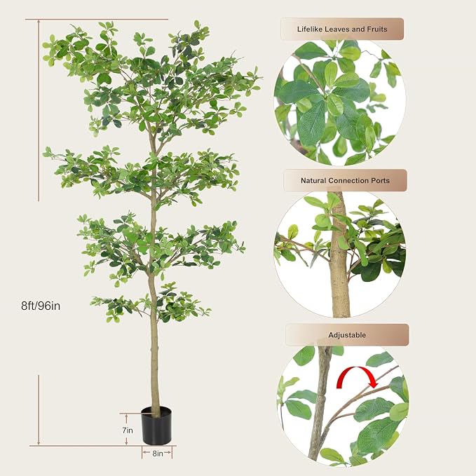 Bellacat Faux Black Olive Tree 8ft, Tall Faux Trees Indoor with Natural Trunk and Realistic Leaves. 8 Feet(96in) Artificial Tree for Home Office Décor