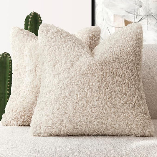 Foindtower 2 Pieces 20x20 Inch Neutral Cream, Faux Fur Throw Pillow Cover Accent Sherpa Pillow Fuzzy Soft Pillowcases Sheepskin Decorative Fleece Cushion Case for Bed Couch Living Room