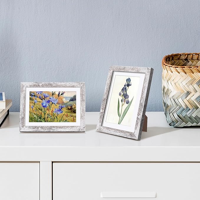 upsimples 5x7 Picture Frame, Display Pictures 4x6 with Mat or 5 x 7 Without, Wall Hanging Photo Frames, Rustic White, 1 Pack
