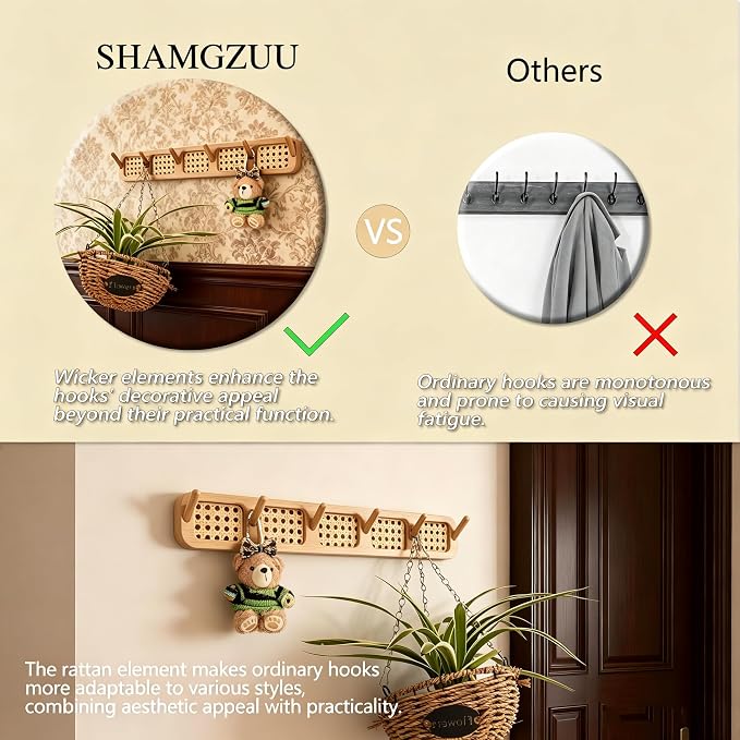 Coat Rack Wall Mount, Rattan Coat Hooks Hanger Wall Mounted | 6 Heavy Duty Bamboo Hooks Rack Rail for entryway Hanging Clothes Hats Bags Jackets Towels Plants,Natural