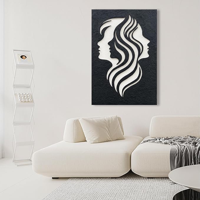 NANKAI Art Hand-Drawn 45x30 inches Black and White Silhouette Textures of Figures in Abstract Art Oil Painting. Modern-Style Abstract Wall Decoration. Three-Dimensional Minimalist Relief Paintings